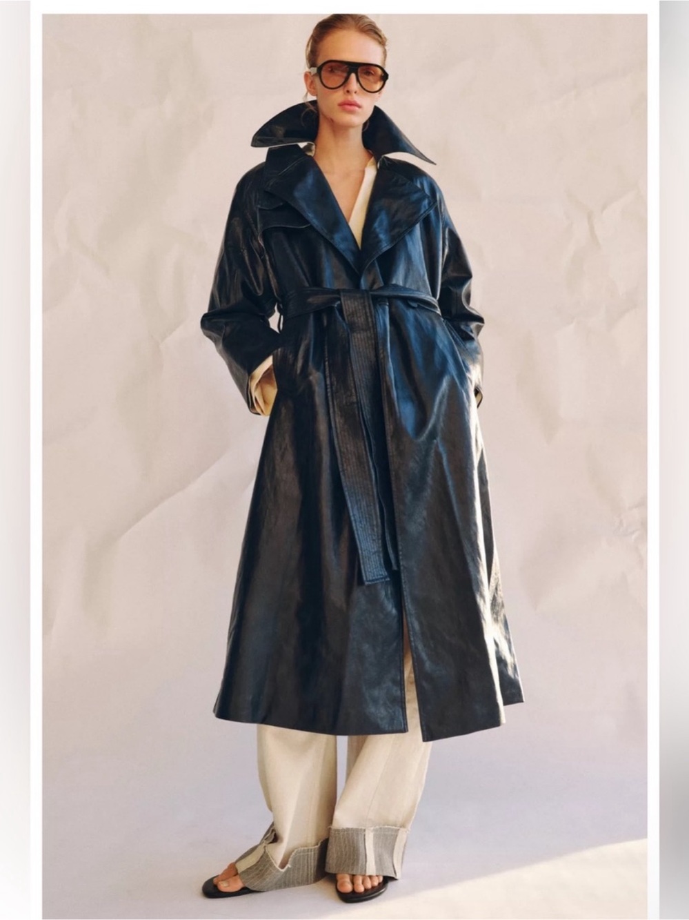ZARA NAVY OVERSIZED FAUX LEATHER TRENCH COAT